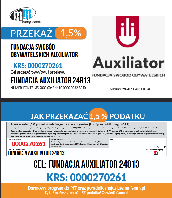 Instrukcja: wpisz KRS 0000270261 i dane Fundacji Auxiliator w rubryce cele szczegółowe